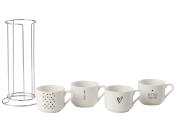 4 TASSES AMOUR CERAMIQUE BLANCHE - OR + SUPPORT