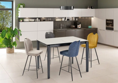 TABLE HAUTE DE REPAS TIMEO CERAMIQUE BLANC MARBRE 140/190x90x90cm