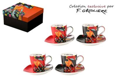 4 TASSES A CAFE + 4 SOUS TASSES LA FEMME A POIS DE F.GROSLIERE