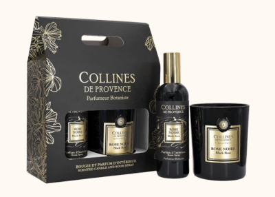 COLLINES DE PROVENCE COFFRET BOUGIE 180g ET PARFUM D'INTERIEUR ROSE NOIRE 