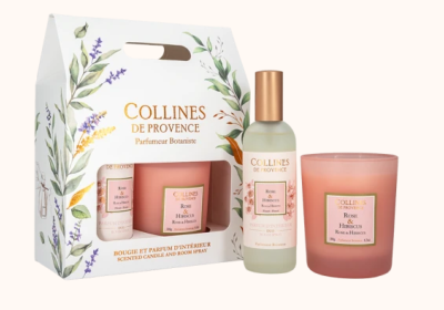 COLLINES DE PROVENCE COFFRET BOUGIE 180g ET PARFUM D'INTERIEUR ROSE IBISCUS 