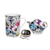 COFFRET MUG + BOULE A THE + REPOSE SACHET PAPILLONS FOND BLANC