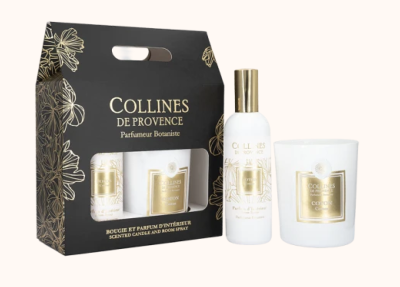 COLLINES DE PROVENCE COFFRET BOUGIE 180g ET PARFUM D'INTERIEUR COTON