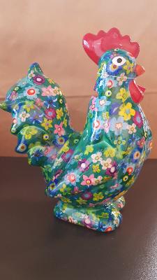 POMME PIDOU COQ MAURICE  PM VERT MOTIF FLEURS BLEUES