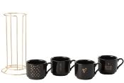 4 TASSES AMOUR CERAMIQUE NOIRE - OR + SUPPORT