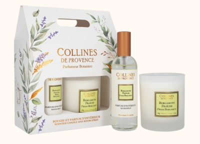 COLLINES DE PROVENCE COFFRET BOUGIE 180g ET PARFUM D'INTERIEUR BERGAMOTE FRAICHE
