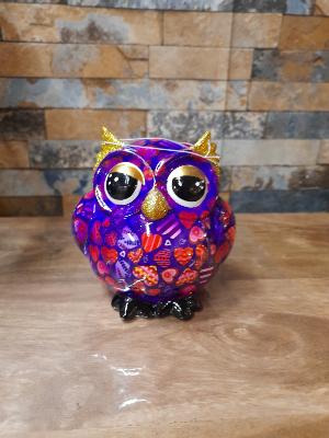 POMME PIDOU HIBOU OLIVE VIOLET  MOTIF COEURS