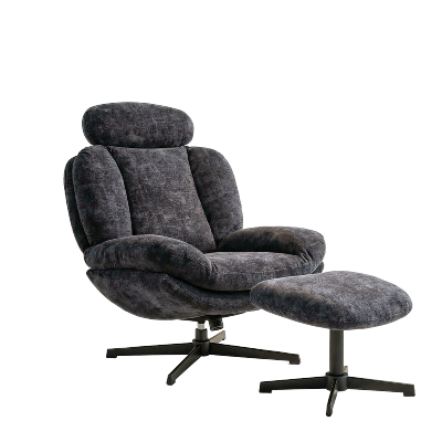 Fauteuil Davis avec son repose-pieds - Tissu Bleu Marine