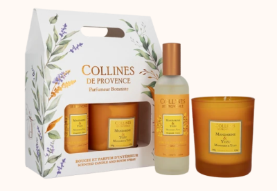 COLLINES DE PROVENCE COFFRET BOUGIE 180g ET PARFUM D'INTERIEUR MANDARINE et YUZU 