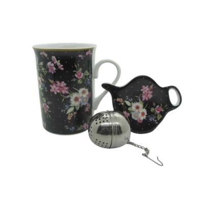 COFFRET MUG + BOULE A THE + REPOSE SACHET FLEURS FOND NOIR