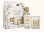 COLLINES DE PROVENCE COFFRET BOUGIE 180g ET PARFUM D'INTERIEUR THE BLANC