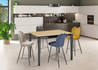 TABLE HAUTE DE REPAS TIMEO CERAMIQUE TON CHENE 140/190x90x90cm